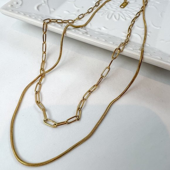 Double Layered 18k Gold Plated Necklace Chain Choker Layered Necklace Gold - Picture 6 of 10